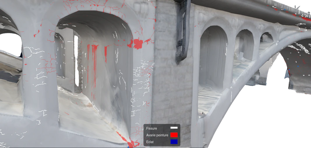Damage mapping on an arch, including coating deterioration.