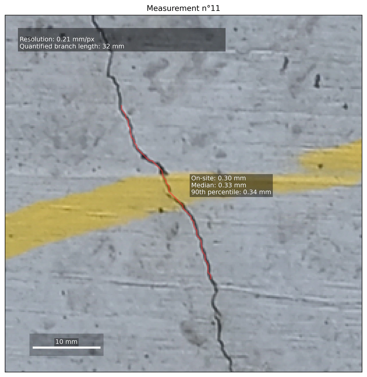 Inspection image with a mapped crack and on-site crack width measurement