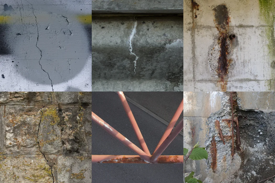 Examples of cracks, corrosion and spalling on concrete, masonry and steel.