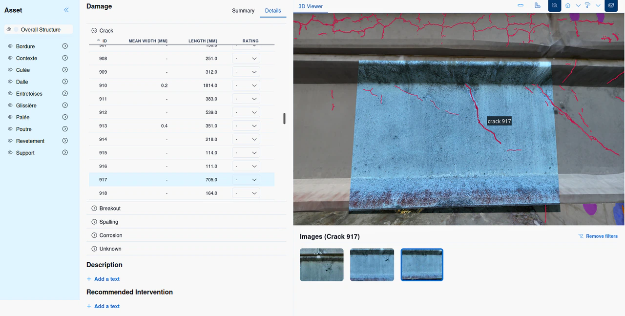 A selected crack record, its position in the 3D model and the original image overlay.