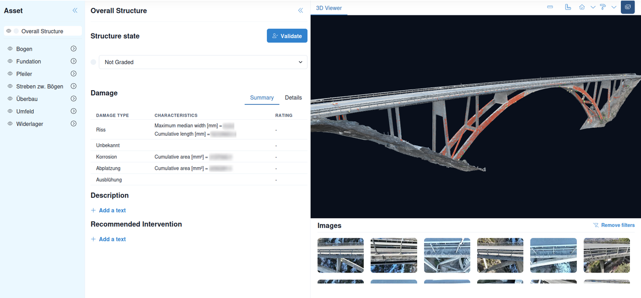 PRIMA interface showing a bridge model with mapped damage, a component list, damage quantities and inspection images.