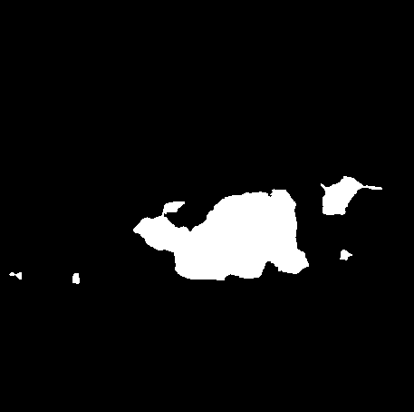 Corresponding segmentation mask. White pixels mark the segmented corrosion areas; black pixels are the background.