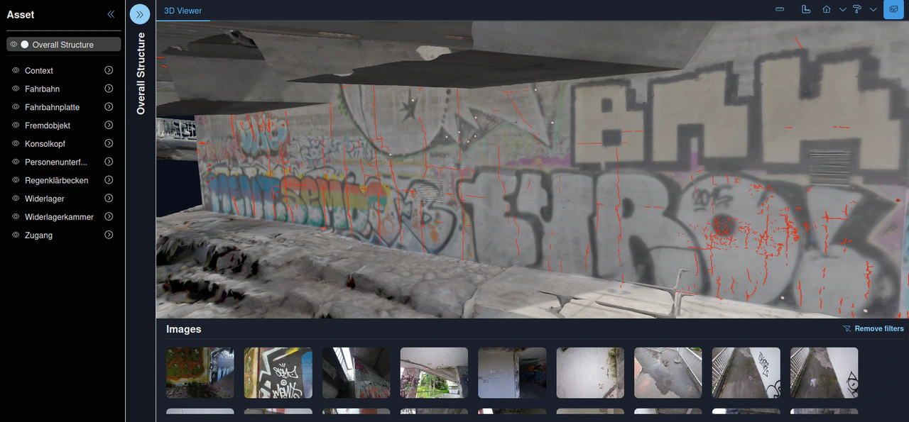 Detected crack patterns on surfaces with complex visual backgrounds, such as graffiti-covered surfaces.